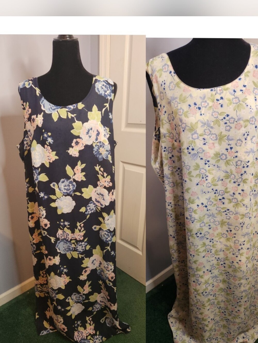 Handmade Reversible Sleeveless Floral Maxi Dress Navy Blue And Green Floral